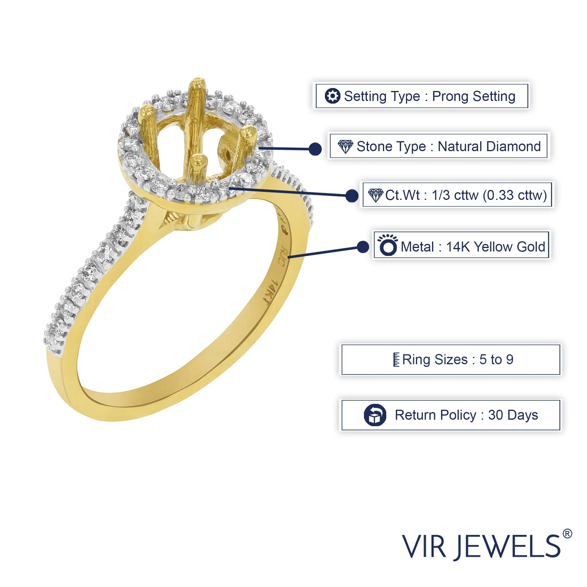 1/3 Diamond Semi Mount Engagement Ring in 14K Yellow Gold