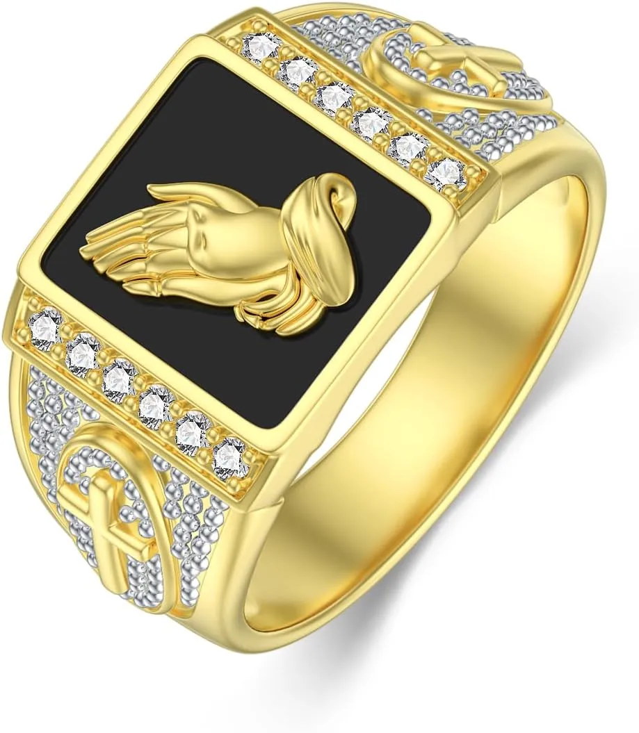 14K Gold 2.0 Ct Black Onyx Cross Signet Ring for Men 10K/14K/18K Real Yellow Gold Natural Black Onyx Prayer Ring for Men Faith Mens Ring for Pray Christian Confirmation Fathers Day