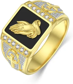 14K Gold 2.0 Ct Black Onyx Cross Signet Ring for Men 10K/14K/18K Real Yellow Gold Natural Black Onyx Prayer Ring for Men Faith Mens Ring for Pray Christian Confirmation Fathers Day