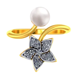 14k Gold Ring With A Pearl And Floral Design Adorned With Stones