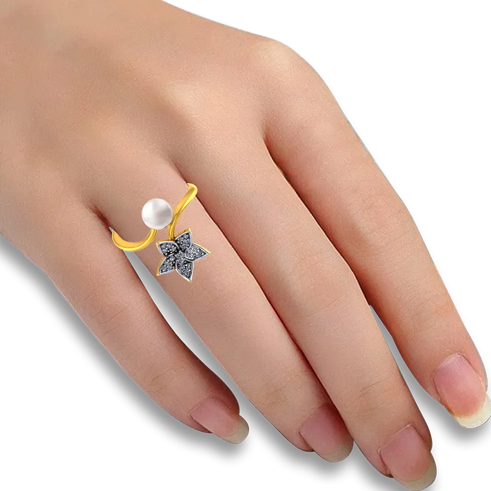 14k Gold Ring With A Pearl And Floral Design Adorned With Stones