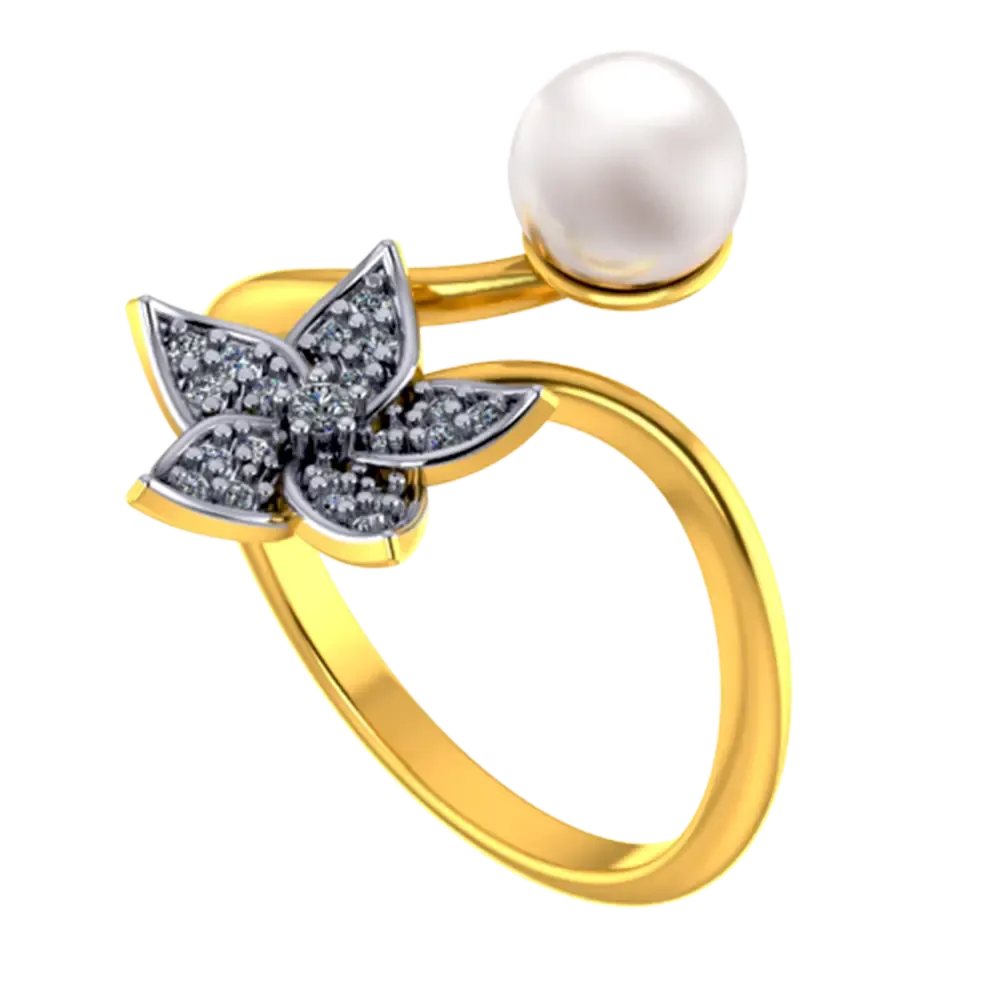 14k Gold Ring With A Pearl And Floral Design Adorned With Stones