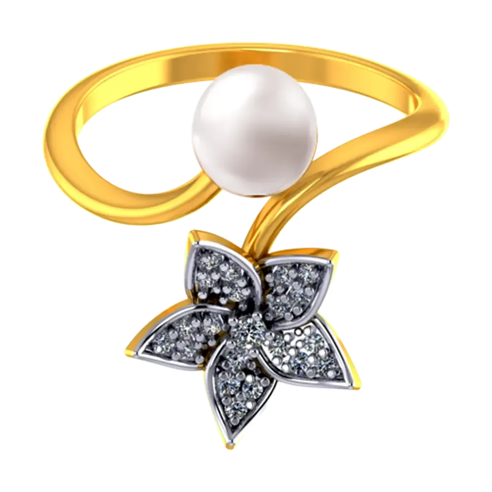 14k Gold Ring With A Pearl And Floral Design Adorned With Stones