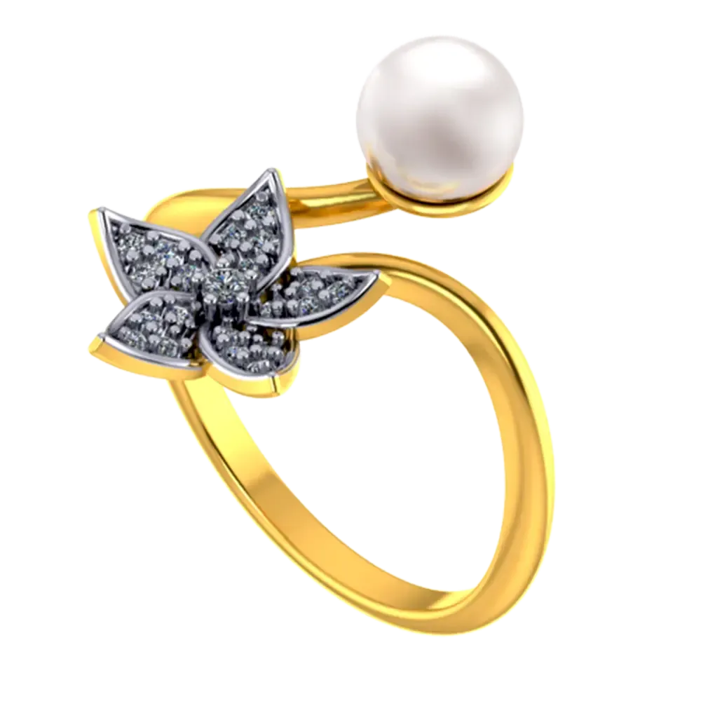 14k Gold Ring With A Pearl And Floral Design Adorned With Stones
