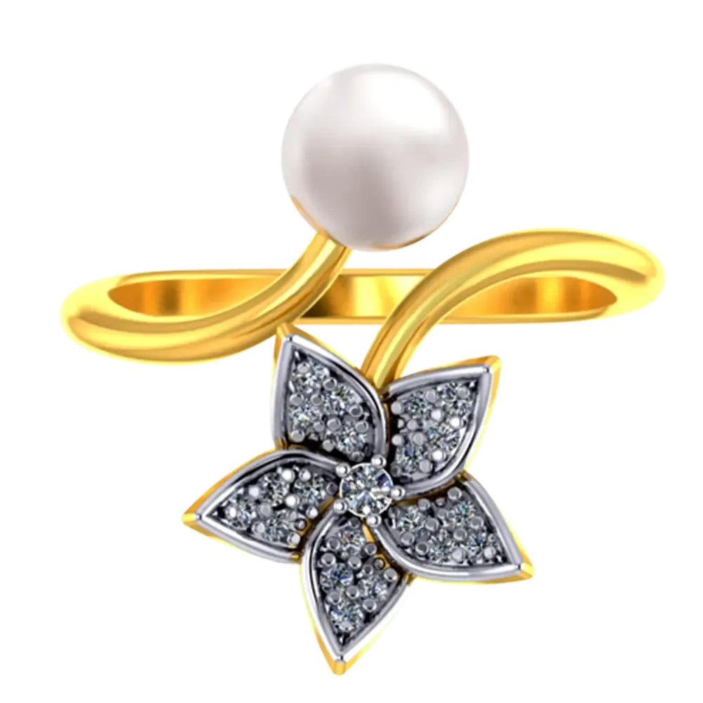 14k Gold Ring With A Pearl And Floral Design Adorned With Stones