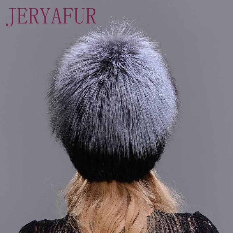 2017 Hot Sale Fashion Winter Warm Women Knitting Caps Mink hats Vertical weaving with FOX Fur On The Top