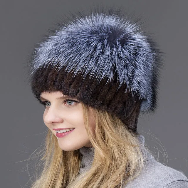 2017 Hot Sale Fashion Winter Warm Women Knitting Caps Mink hats Vertical weaving with FOX Fur On The Top