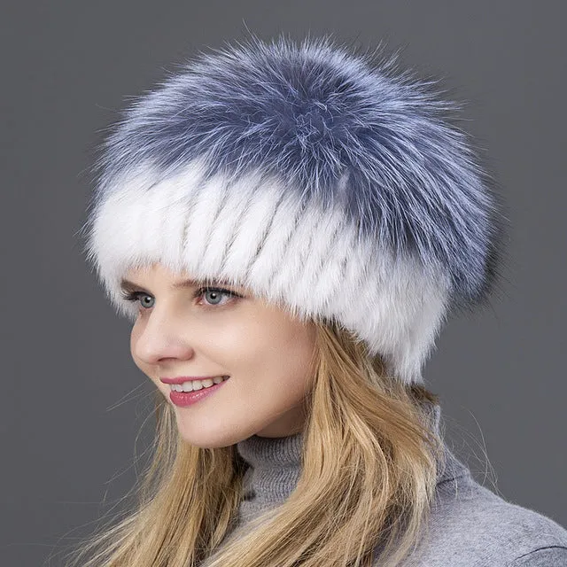 2017 Hot Sale Fashion Winter Warm Women Knitting Caps Mink hats Vertical weaving with FOX Fur On The Top