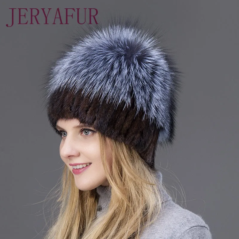 2017 Hot Sale Fashion Winter Warm Women Knitting Caps Mink hats Vertical weaving with FOX Fur On The Top