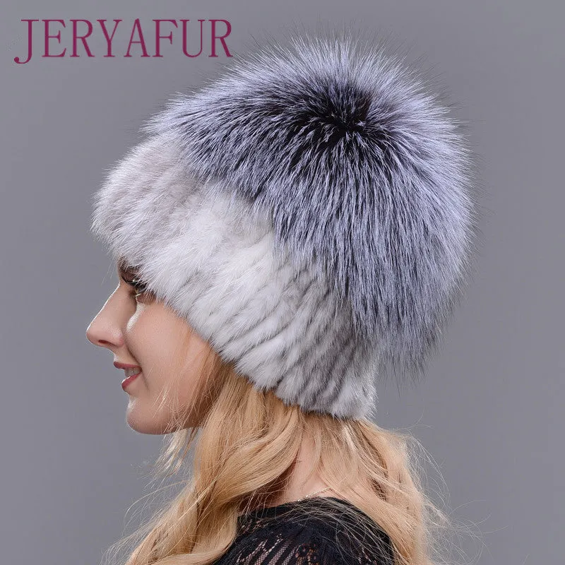 2017 Hot Sale Fashion Winter Warm Women Knitting Caps Mink hats Vertical weaving with FOX Fur On The Top