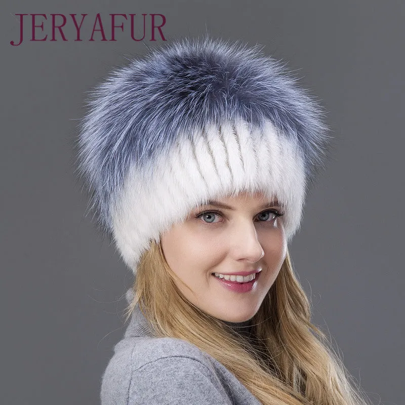 2017 Hot Sale Fashion Winter Warm Women Knitting Caps Mink hats Vertical weaving with FOX Fur On The Top