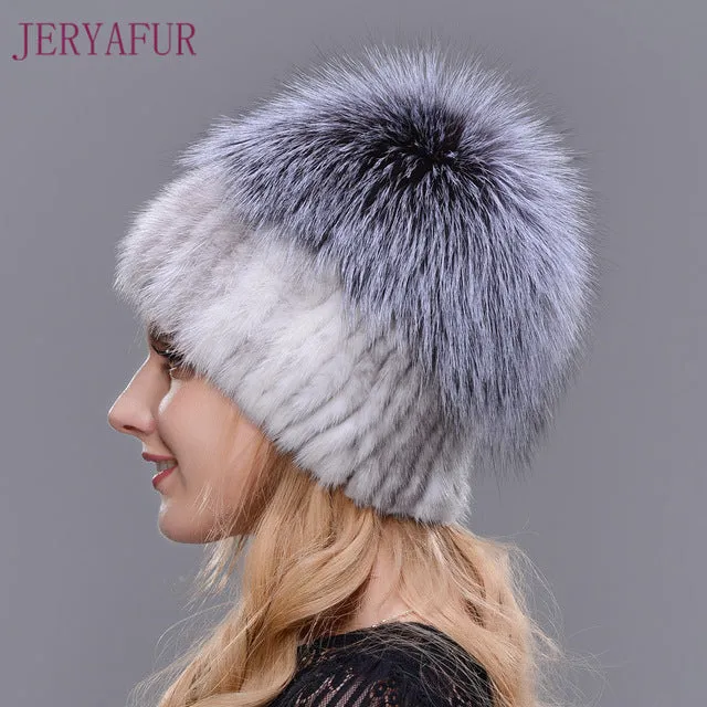2017 Hot Sale Fashion Winter Warm Women Knitting Caps Mink hats Vertical weaving with FOX Fur On The Top