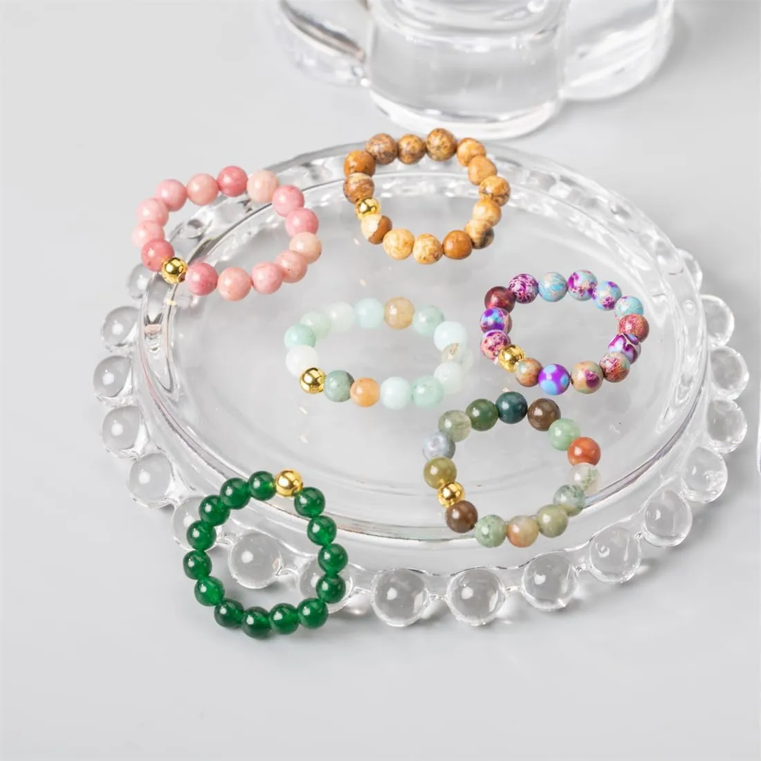 6pcs Natural Gemstone Beads Elasticity Finger Rings Set 4mm Stone Copper Beads Elastic Rings Jewelry for Women Men