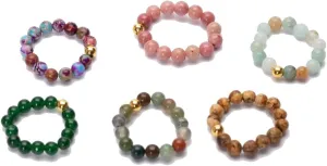 6pcs Natural Gemstone Beads Elasticity Finger Rings Set 4mm Stone Copper Beads Elastic Rings Jewelry for Women Men