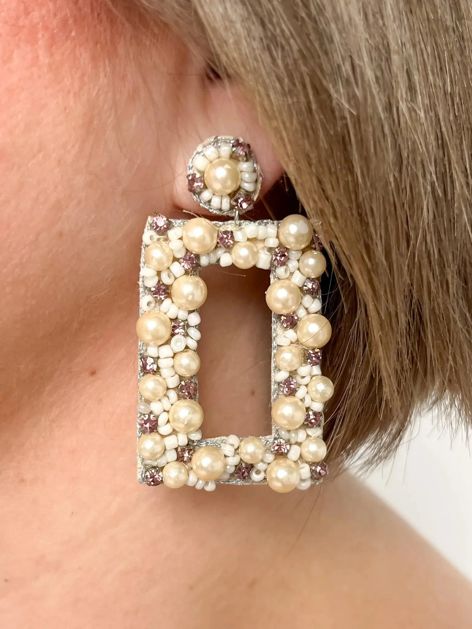 Beaded Rhinestone Rectangle Earrings