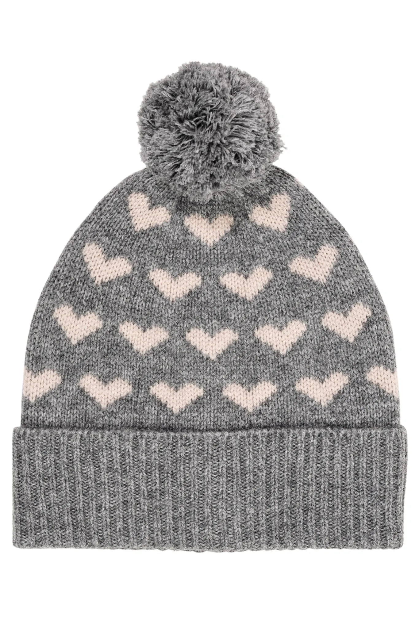 CASHMERE BEANIE W. HEARTS AND POMPOM - GREY MEL/TAUPE COMBI