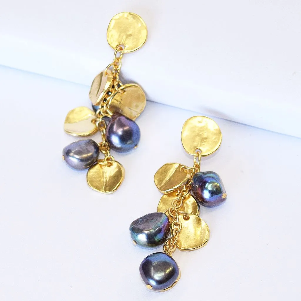 Coin and peacock pearl chandelier earrings