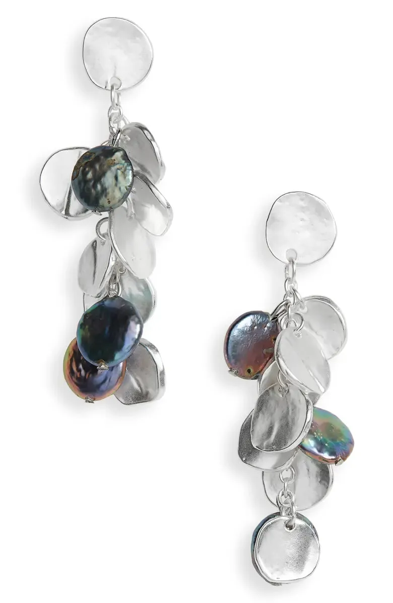 Coin and peacock pearl chandelier earrings