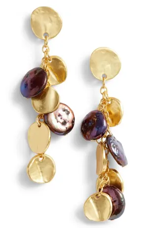 Coin and peacock pearl chandelier earrings