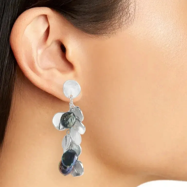 Coin and peacock pearl chandelier earrings