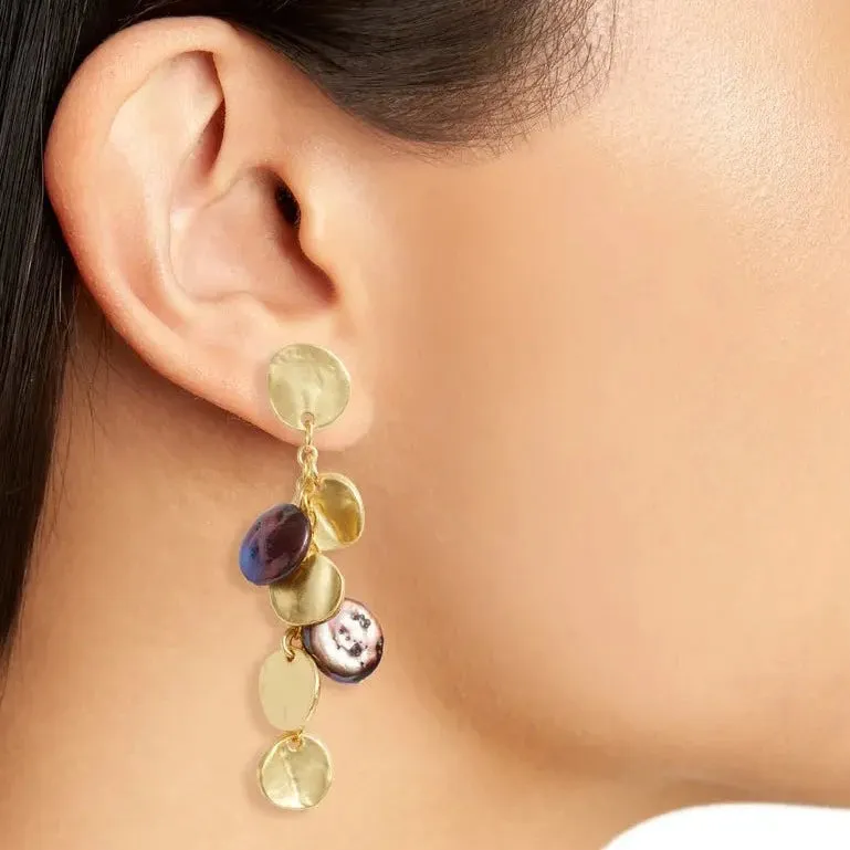 Coin and peacock pearl chandelier earrings