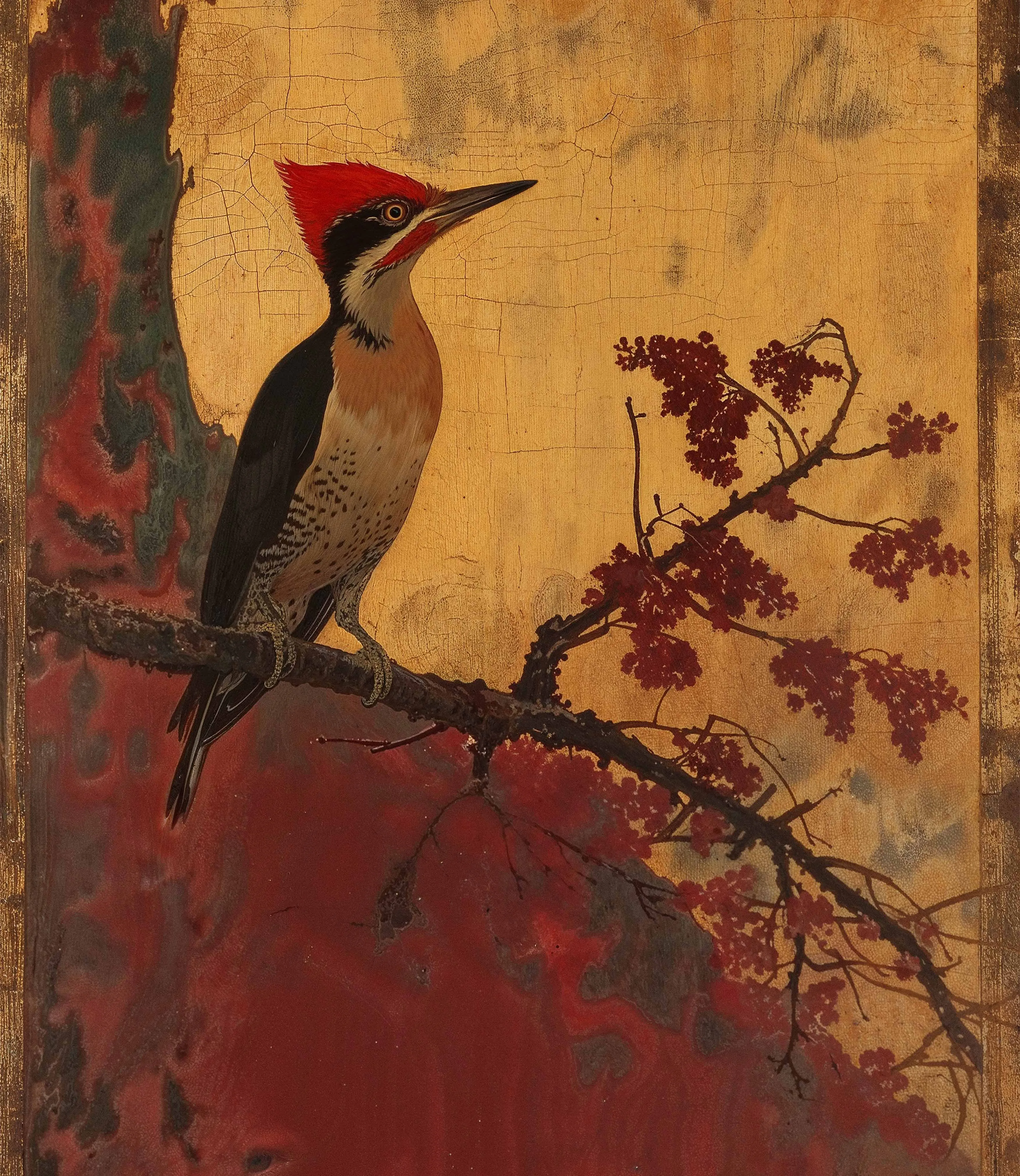 Echoes of Silk - Woodpecker in Autumn Splendor - Limited Edition Canvas