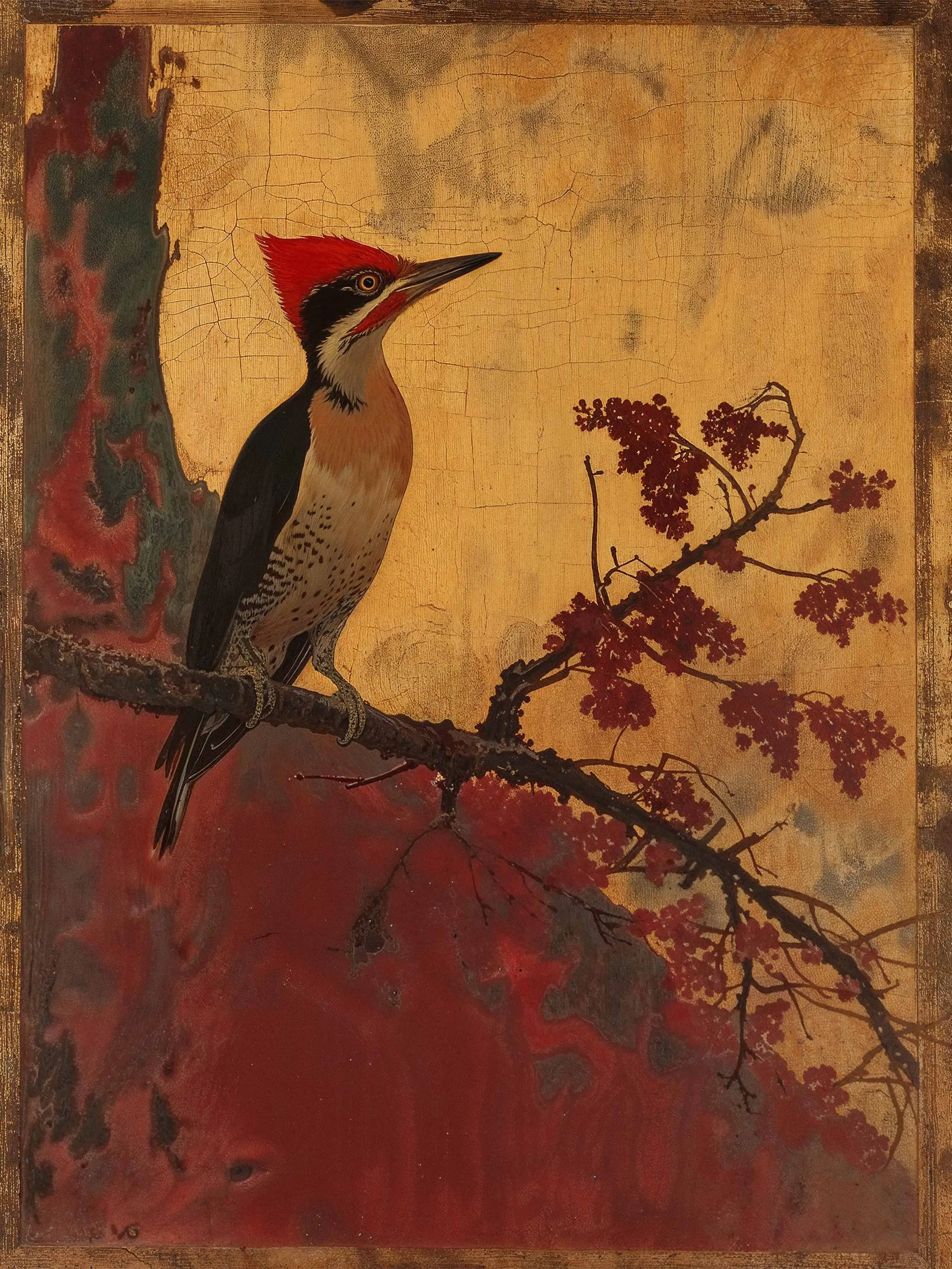 Echoes of Silk - Woodpecker in Autumn Splendor - Limited Edition Canvas