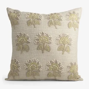 Embroidered Flowers On Natural Cushion Cover
