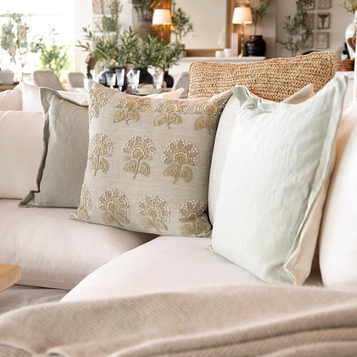 Embroidered Flowers On Natural Cushion Cover