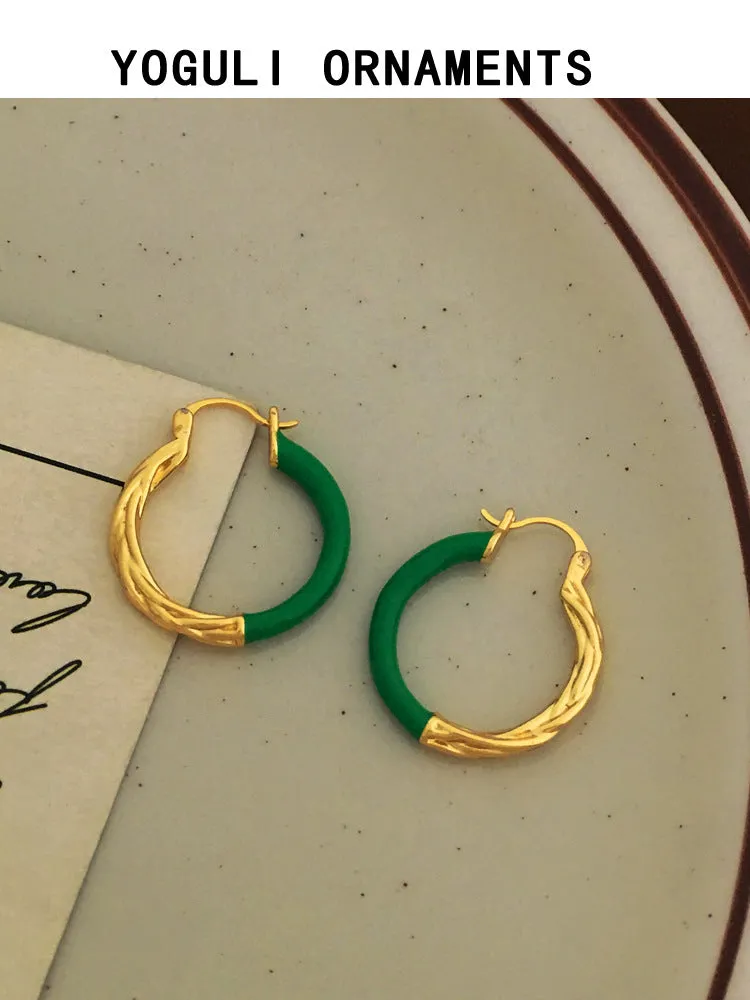 Gold and Green Hoop Earrings with Textured Accents-jlt11516