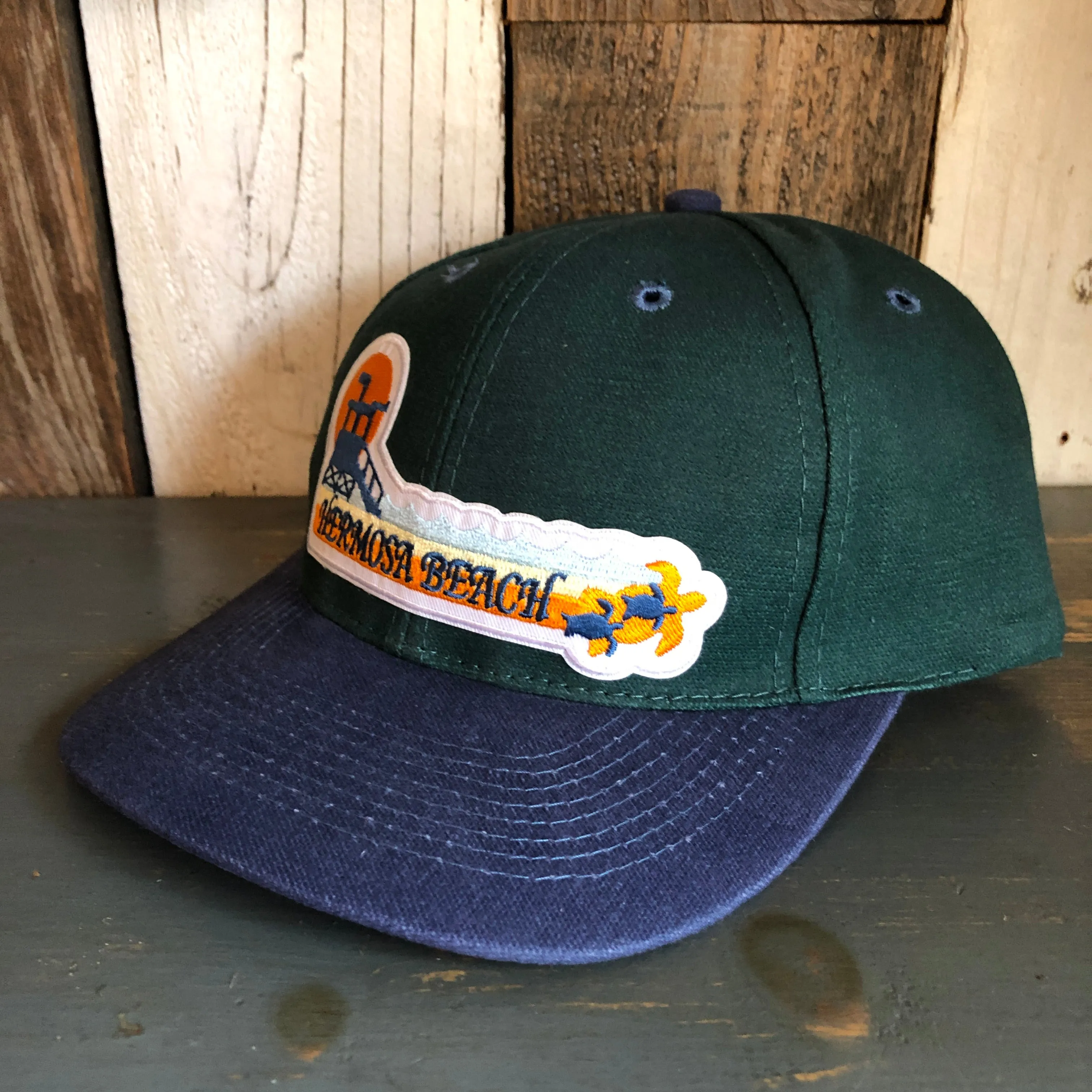Hermosa Beach GOLDEN HOUR - 6 Panel Low Profile Baseball Cap with Adjustable Strap with Press Buckle - Dark Green/Navy