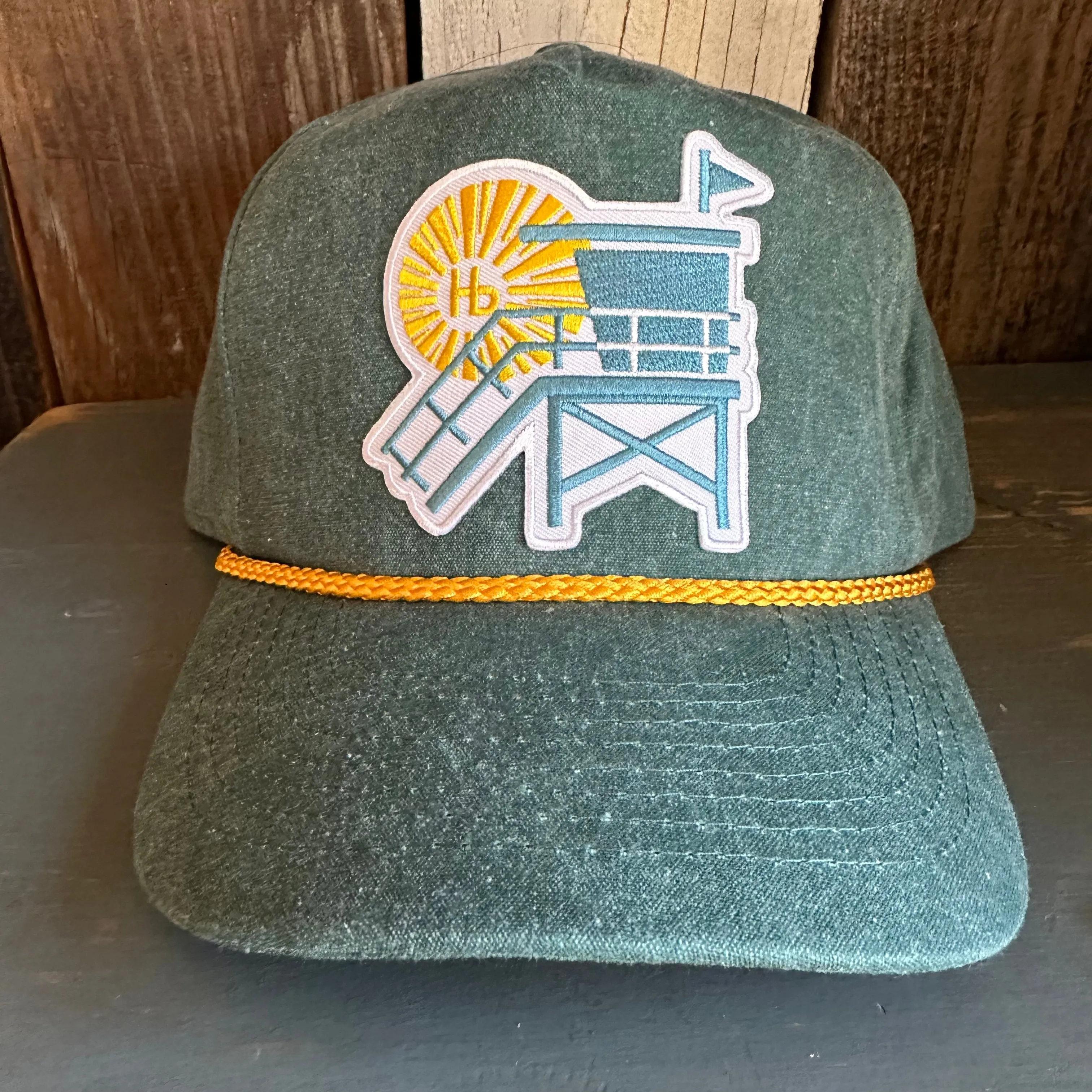 Hermosa Beach LIFEGUARD TOWER :: 5 panel Stone Washed Canvas 2-Tone - Moss/Gold Braid