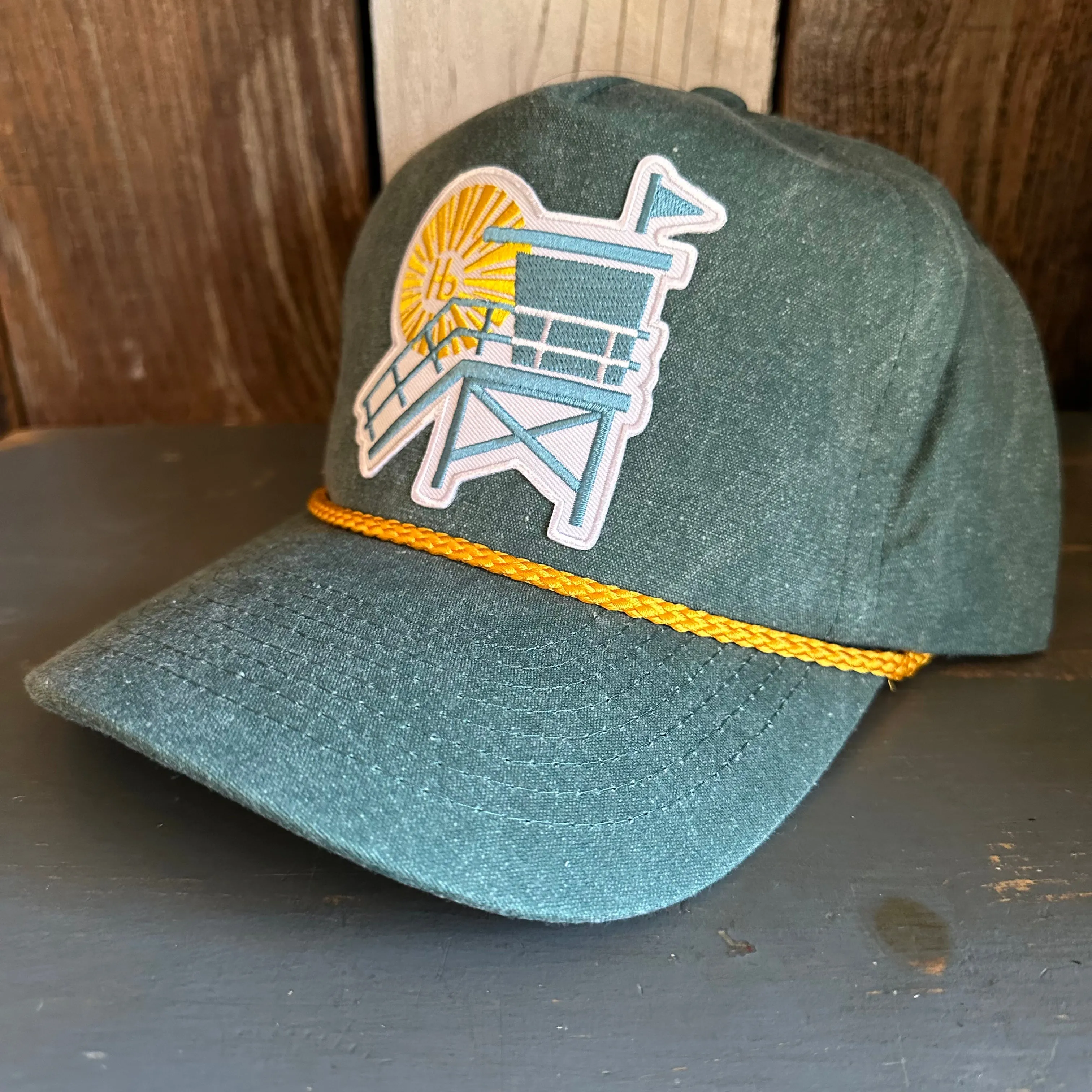 Hermosa Beach LIFEGUARD TOWER :: 5 panel Stone Washed Canvas 2-Tone - Moss/Gold Braid