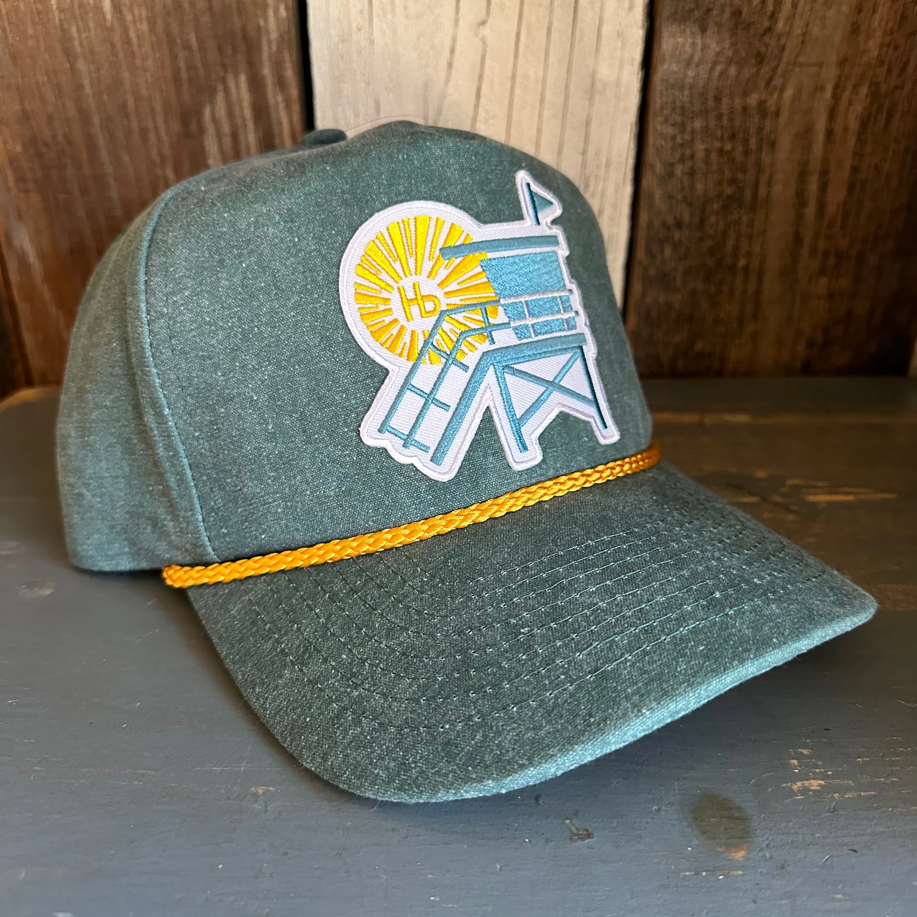 Hermosa Beach LIFEGUARD TOWER :: 5 panel Stone Washed Canvas 2-Tone - Moss/Gold Braid