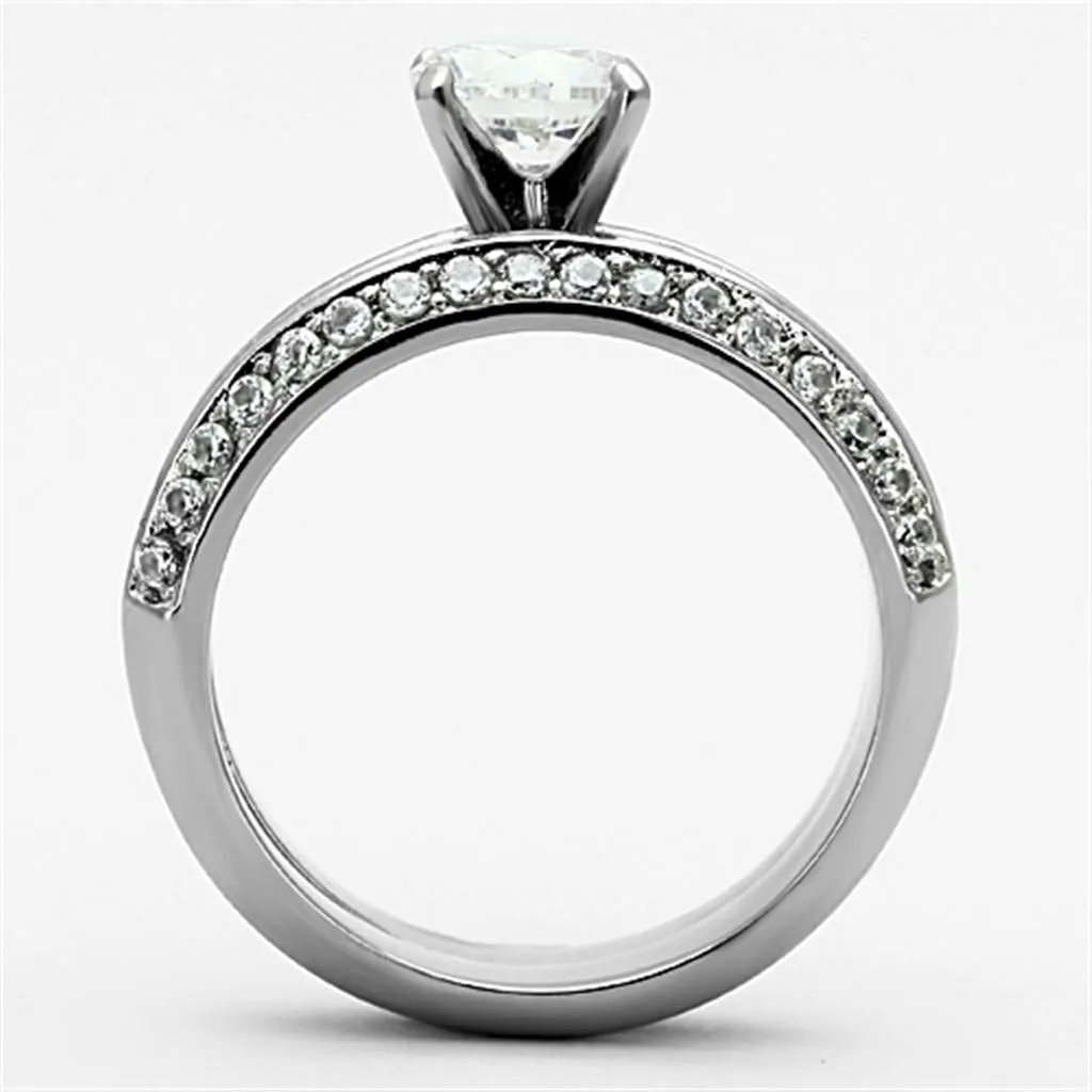 High polished (no plating) Stainless Steel Ring with AAA Grade CZ in Clear for Women Style TK1320