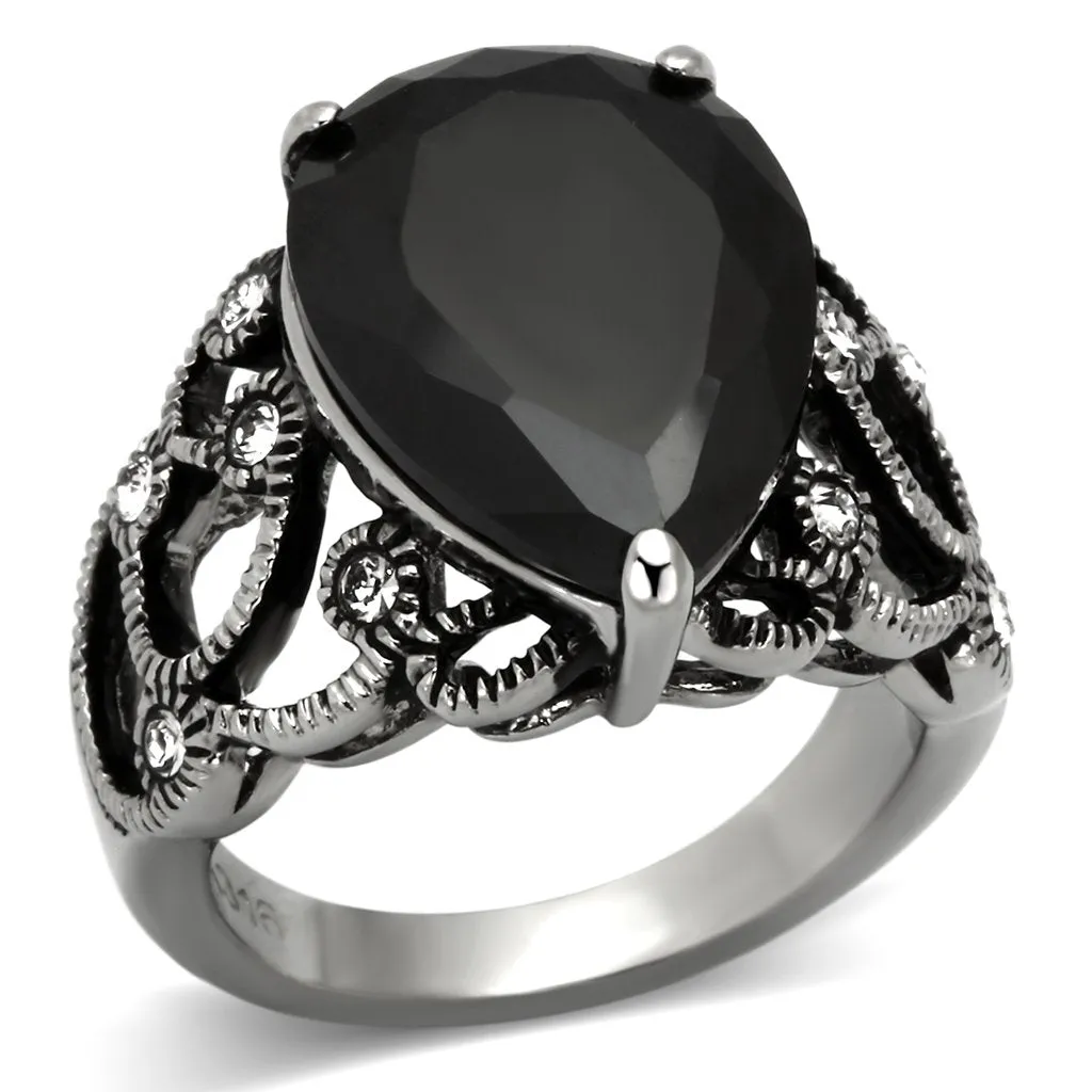 High polished (no plating) Stainless Steel Ring with AAA Grade CZ in Jet for Women Style TK1017