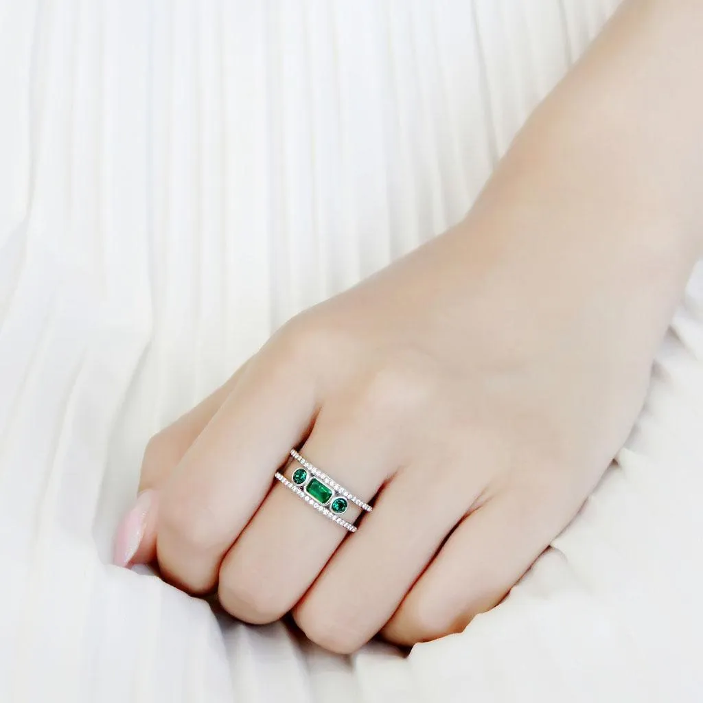 High polished (no plating) Stainless Steel Ring with Synthetic Synthetic Glass in Emerald for Women Style DA348