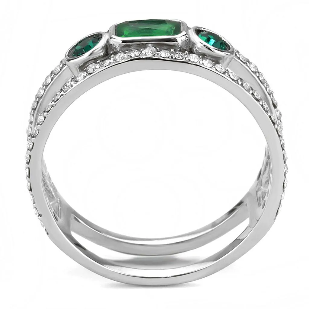 High polished (no plating) Stainless Steel Ring with Synthetic Synthetic Glass in Emerald for Women Style DA348