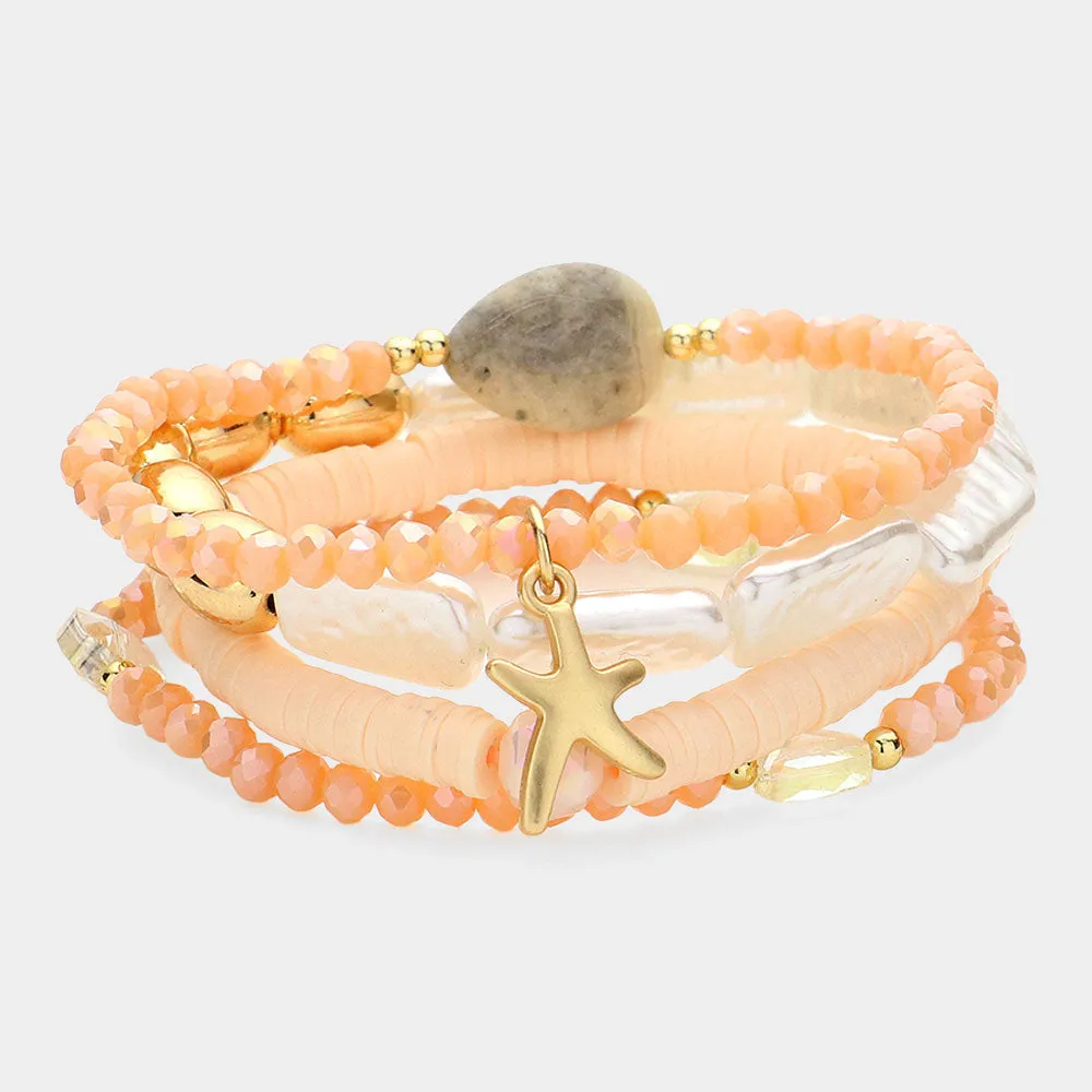 iLLASPARKZ 5PCS - Metal Starfish Charm Pointed Pearl Faceted Heishi Beaded Stretch Multi Layered Bracelets