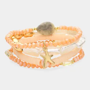 iLLASPARKZ 5PCS - Metal Starfish Charm Pointed Pearl Faceted Heishi Beaded Stretch Multi Layered Bracelets