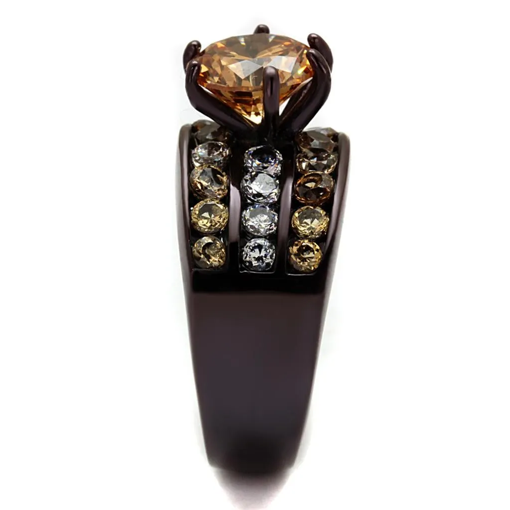 IP Dark Brown (IP coffee) Stainless Steel Ring with AAA Grade CZ in Champagne for Women Style TK2681