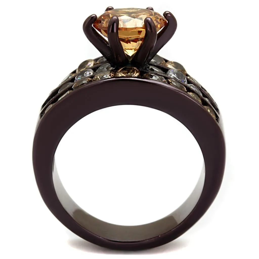 IP Dark Brown (IP coffee) Stainless Steel Ring with AAA Grade CZ in Champagne for Women Style TK2681