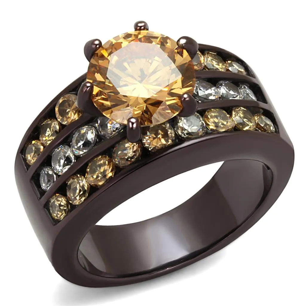 IP Dark Brown (IP coffee) Stainless Steel Ring with AAA Grade CZ in Champagne for Women Style TK2681