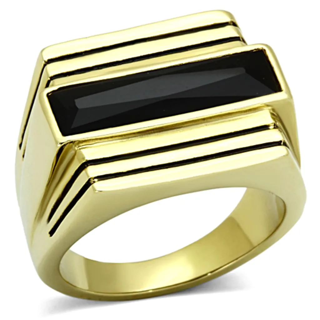 IP Gold(Ion Plating) Stainless Steel Ring with Synthetic Synthetic Glass in Jet for Women Style TK1188