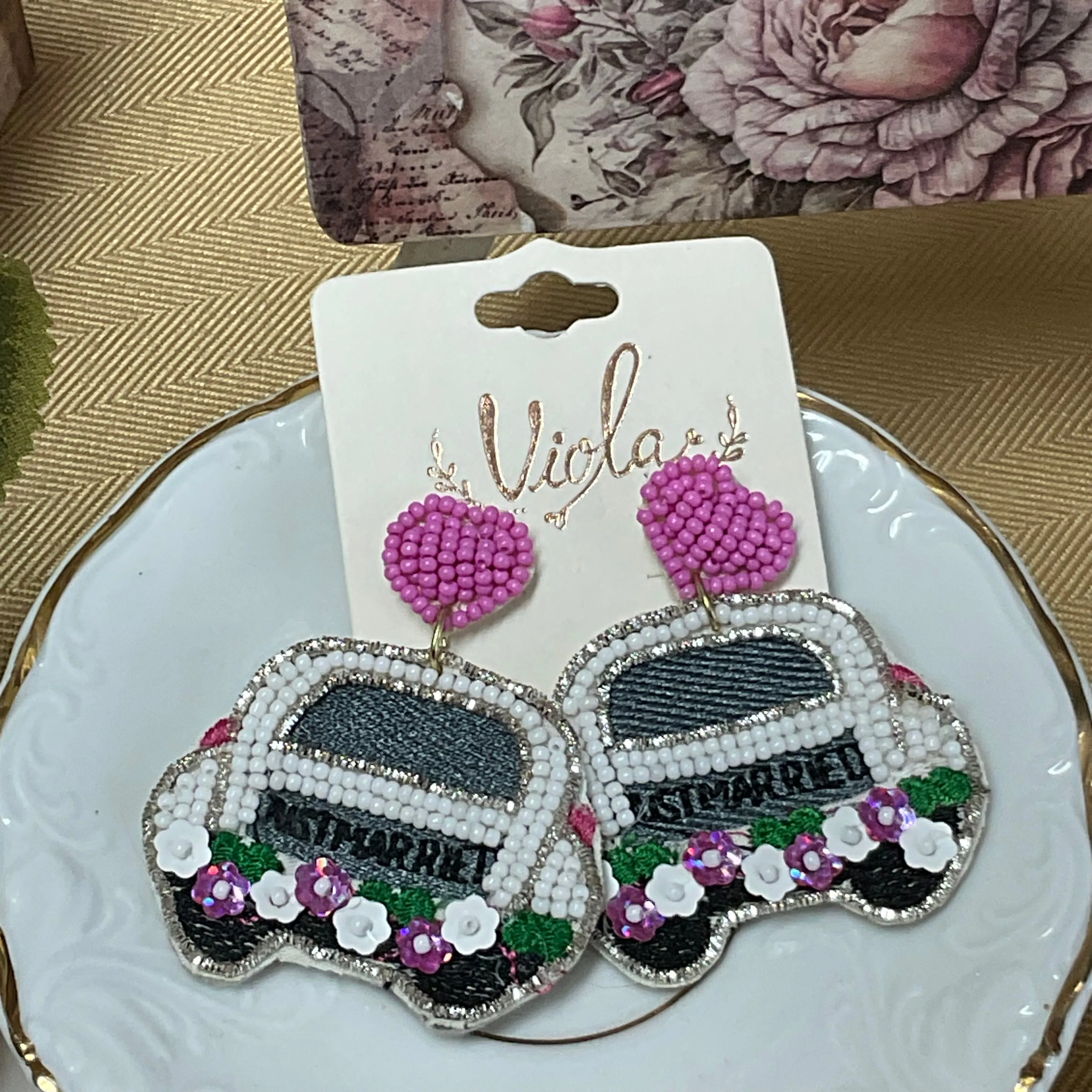 Just Married Seed Bead Statement Post Back Earrings