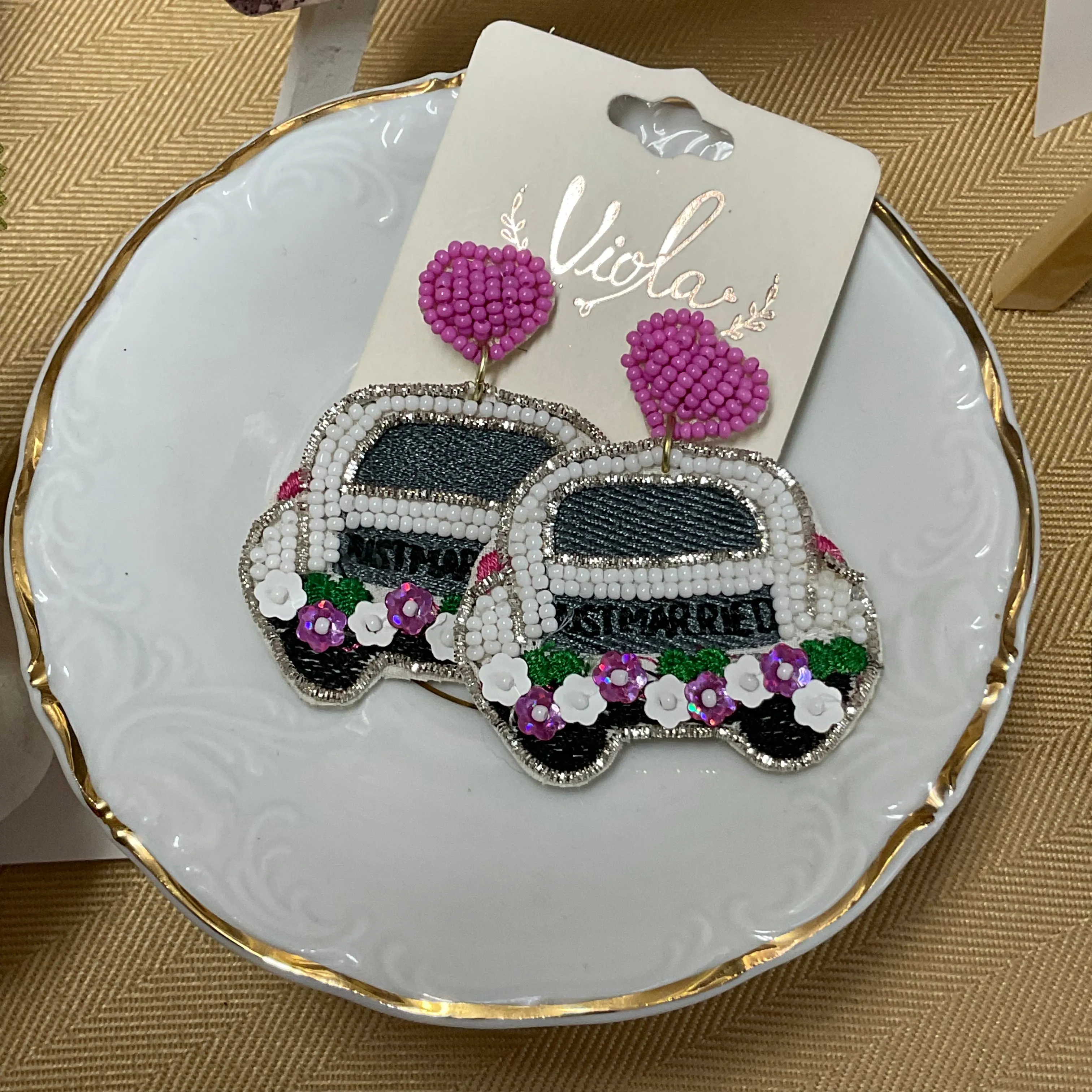 Just Married Seed Bead Statement Post Back Earrings