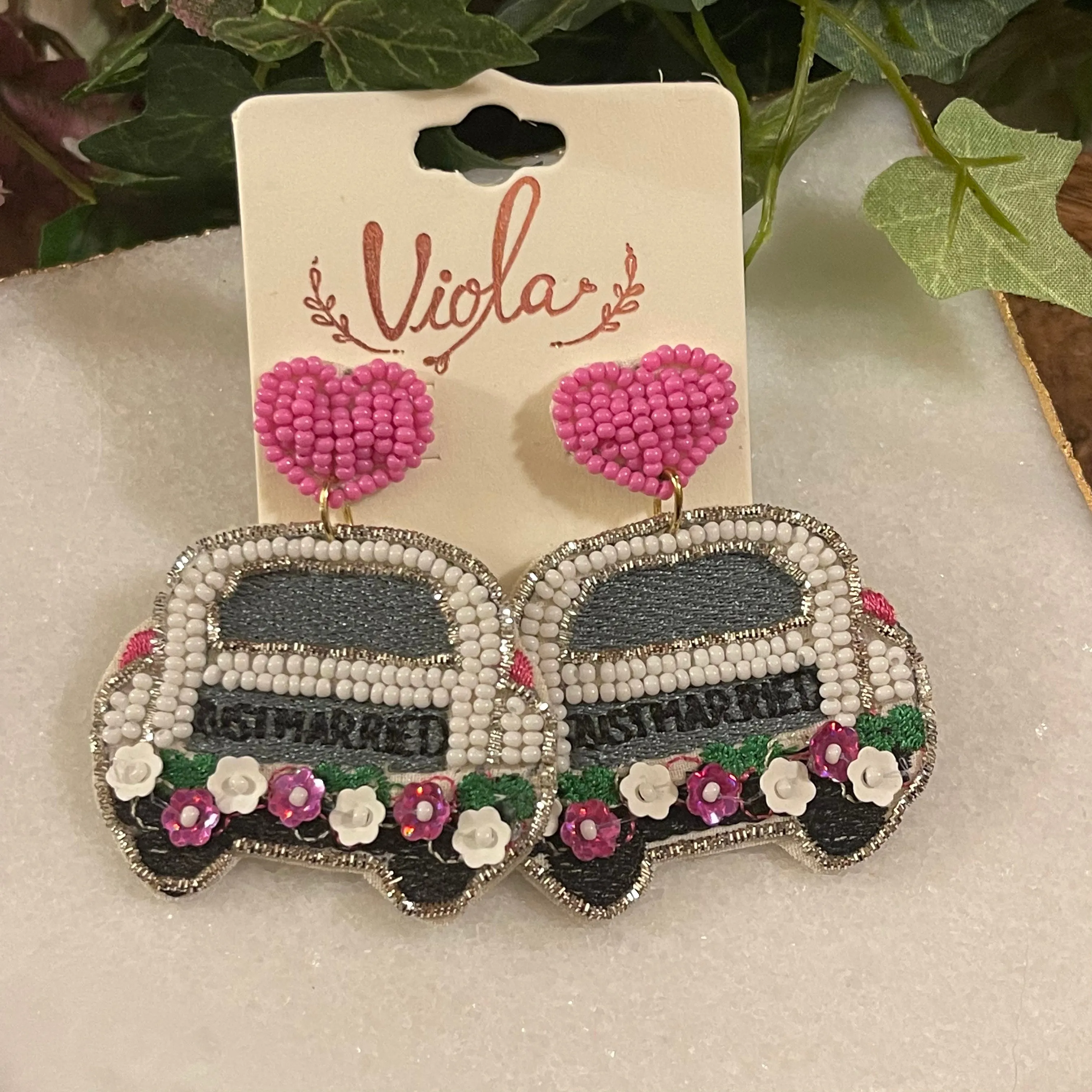 Just Married Seed Bead Statement Post Back Earrings