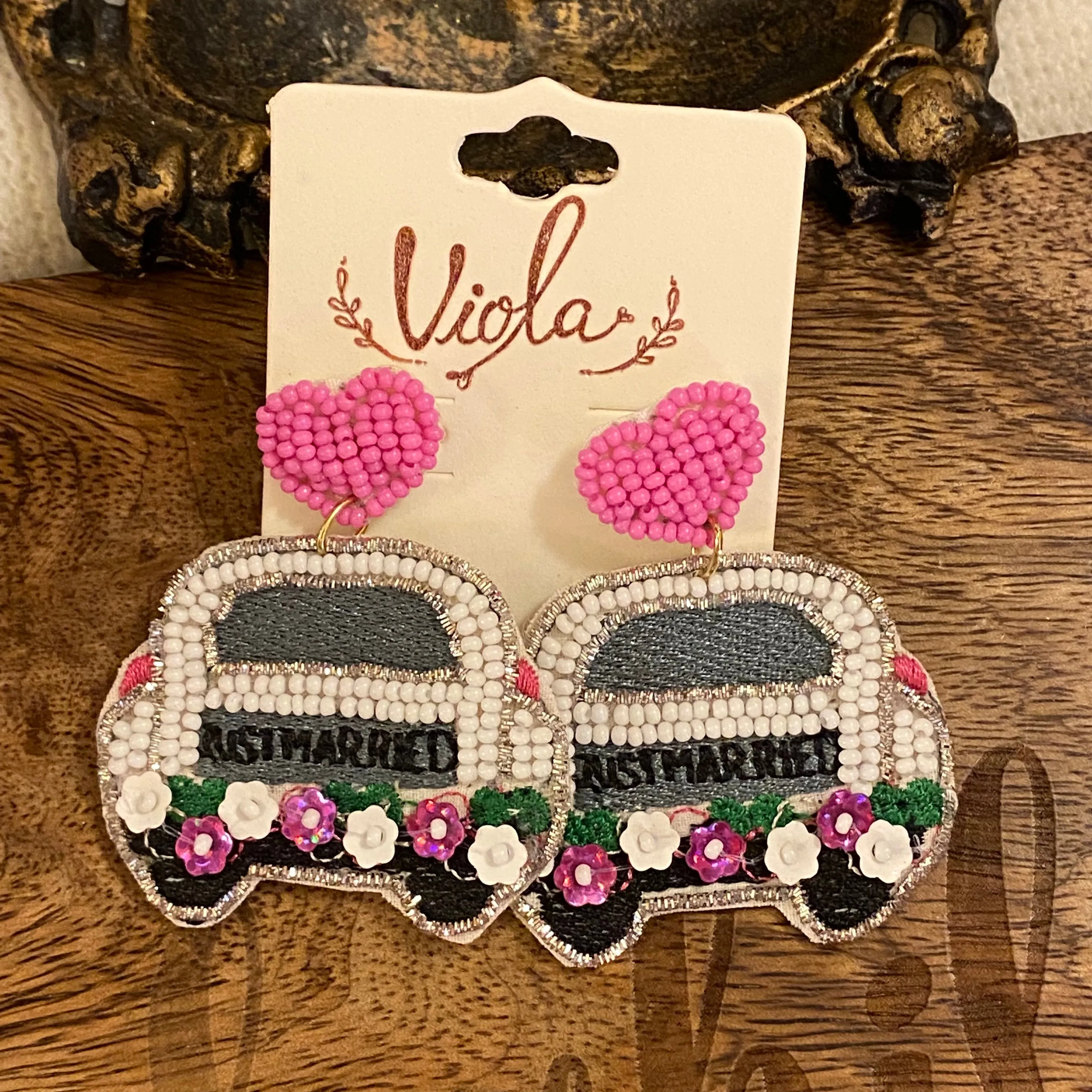 Just Married Seed Bead Statement Post Back Earrings