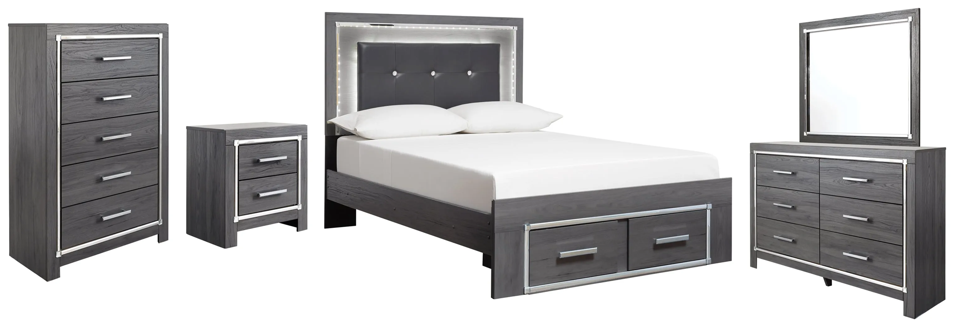 Lodanna Full Panel Bed with 2 Storage Drawers with Mirrored Dresser, Chest and Nightstand in Gray