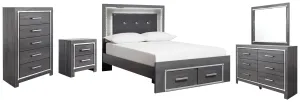 Lodanna Full Panel Bed with 2 Storage Drawers with Mirrored Dresser, Chest and Nightstand in Gray